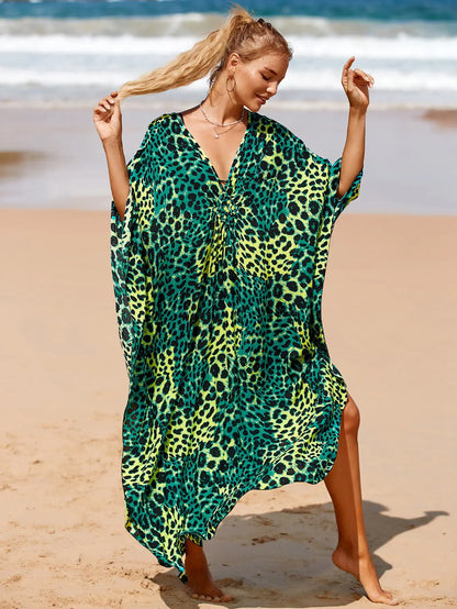 Kaftan Summer Dresses, Braided V-Neck - Green Leopard, S-3XL