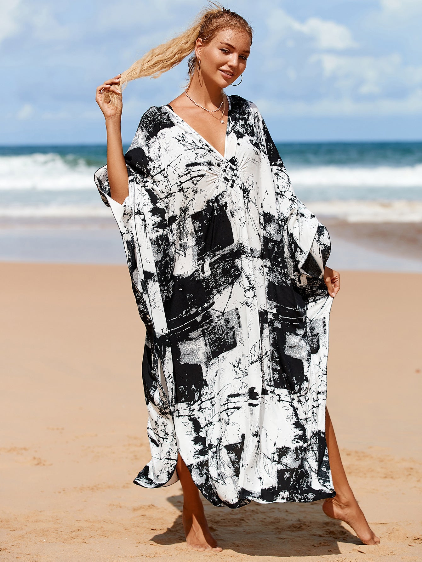 Kaftan Summer Dresses, Braided V-Neck - Black Abstract, S-3XL