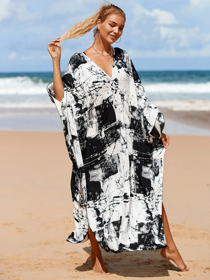 Kaftan Summer Dresses, Braided V-Neck - Black Abstract, S-3XL