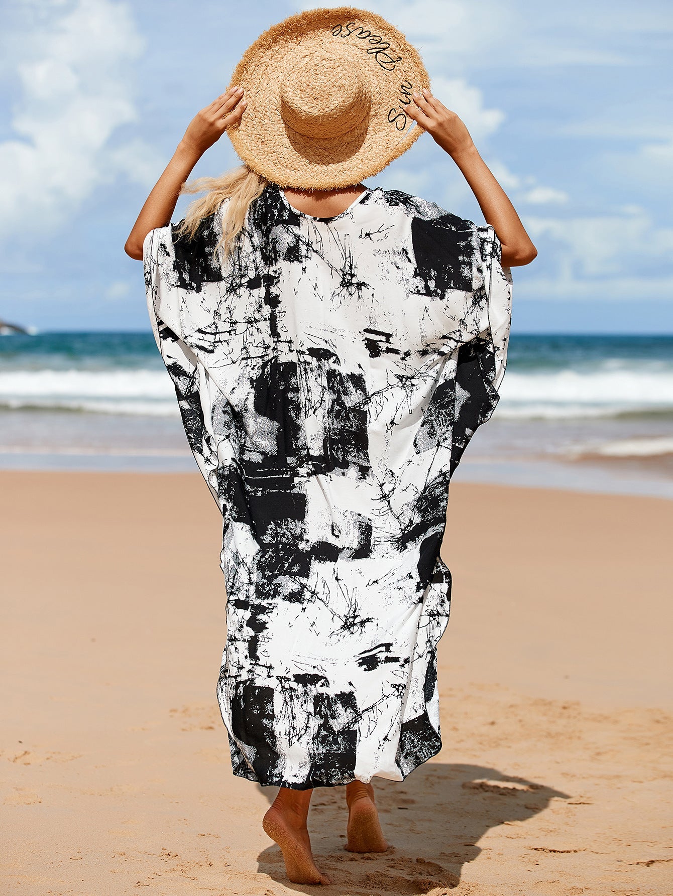 Kaftan Summer Dresses, Braided V-Neck - Black Abstract, S-3XL