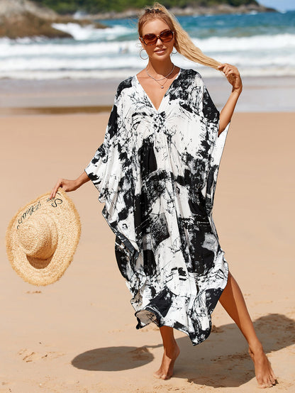 Kaftan Summer Dresses, Braided V-Neck - Black Abstract, S-3XL