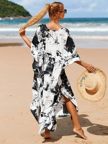 Kaftan Summer Dresses, Braided V-Neck - Black Abstract, S-3XL