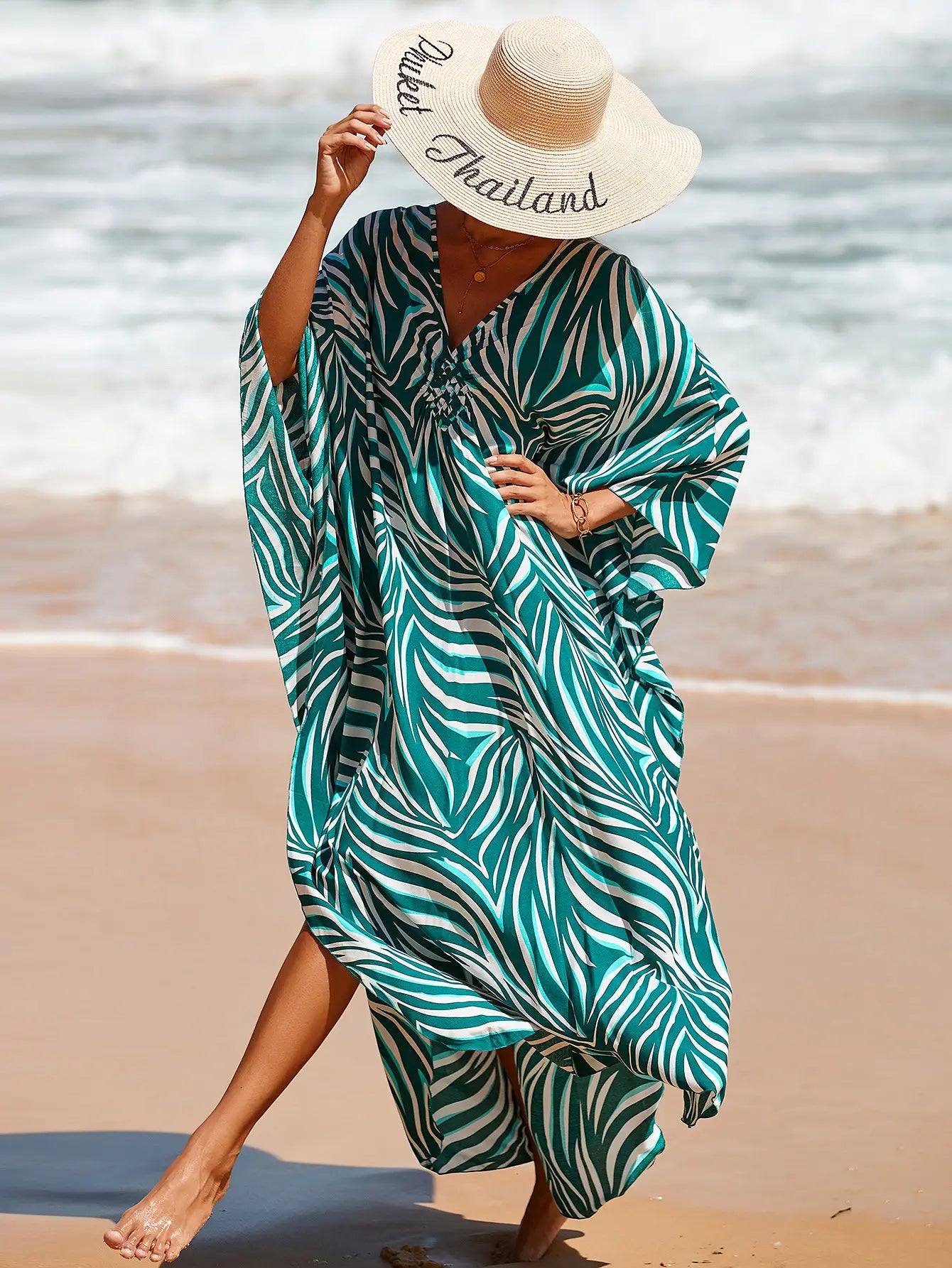 Kaftan Summer Dresses, Braided V-Neck - Green Leaf, S-3XL