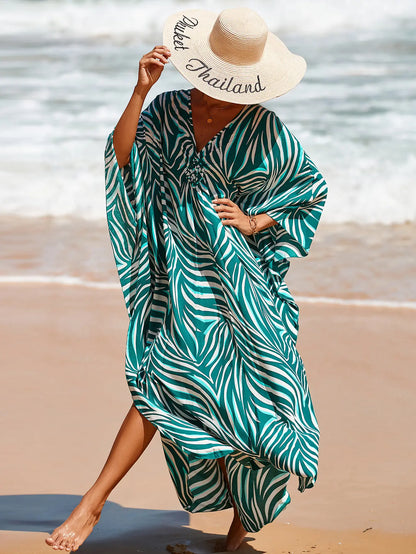 Kaftan Summer Dresses, Braided V-Neck - Green Leaf, S-3XL