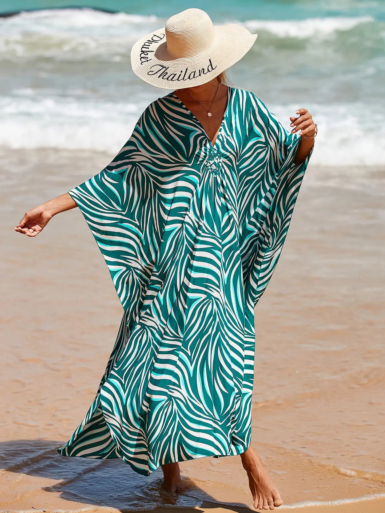 Kaftan Summer Dresses, Braided V-Neck - Green Leaf, S-3XL