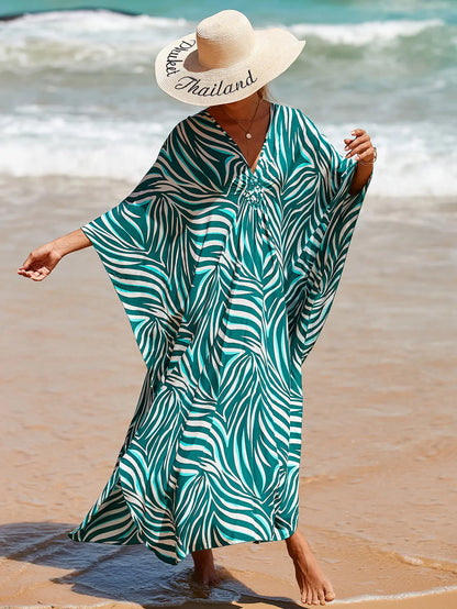 Kaftan Summer Dresses, Braided V-Neck - Green Leaf, S-3XL
