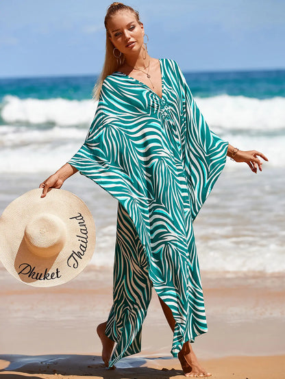 Kaftan Summer Dresses, Braided V-Neck - Green Leaf, S-3XL