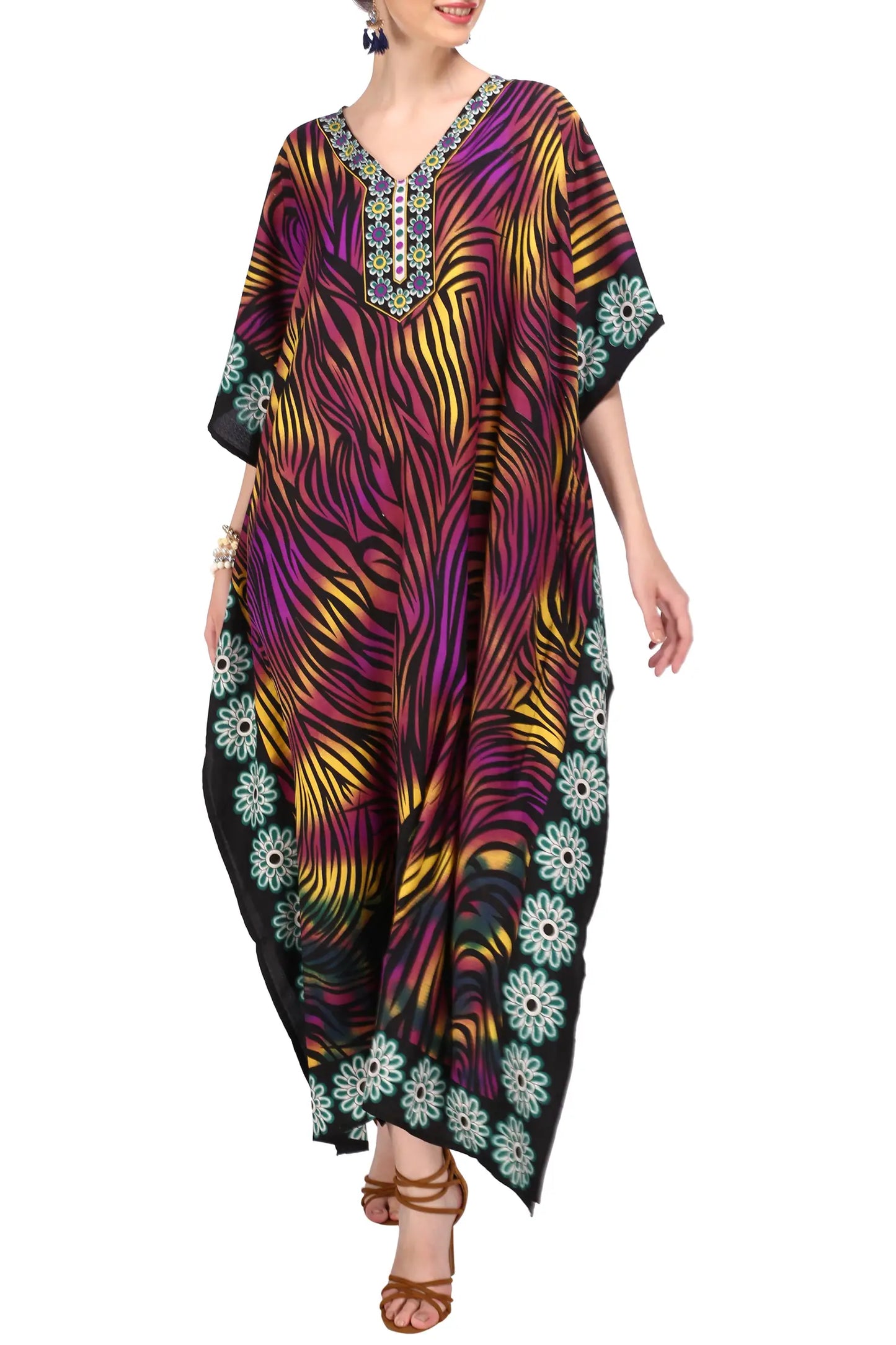 Kaftan Tunic Kimono Dress Ladies Maxi Kaftans - Multi, purple