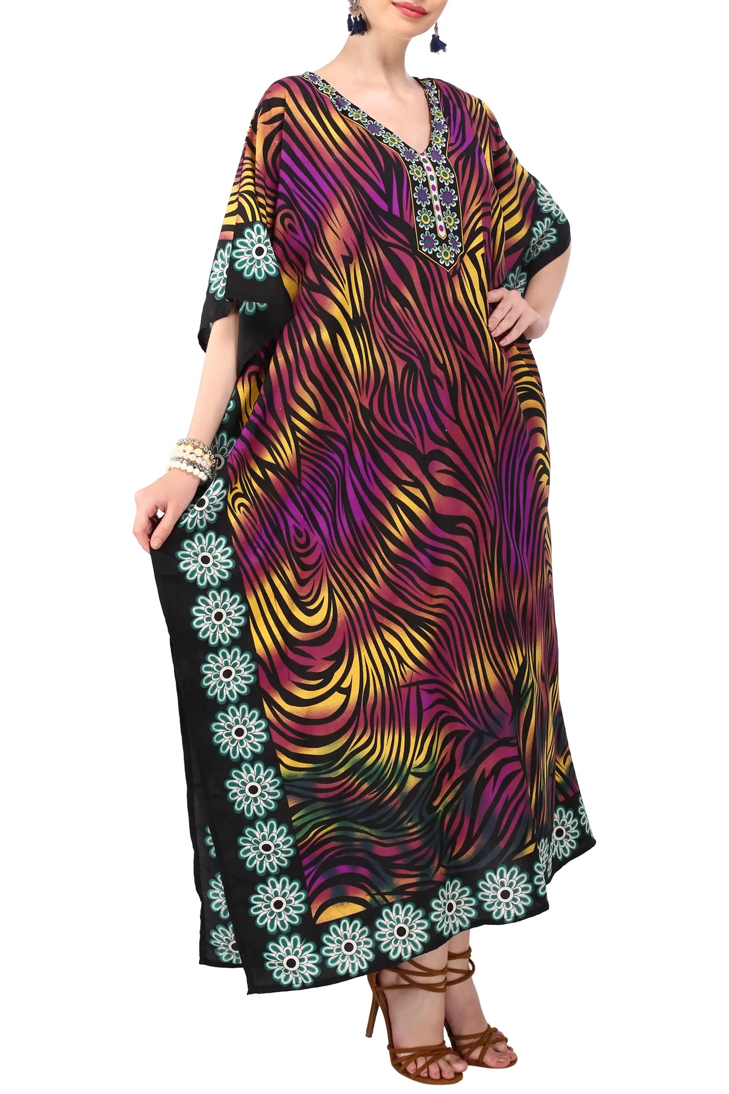 Kaftan Tunic Kimono Dress Ladies Maxi Kaftans - Multi, purple