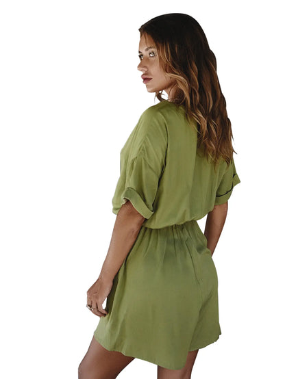 Jumpsuit V Neck Short Sleeves Button Front Self Tie Rompers -Available in 13 Colors