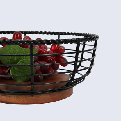 Round Black Metal & Wood Wire Design Fruit Bowl