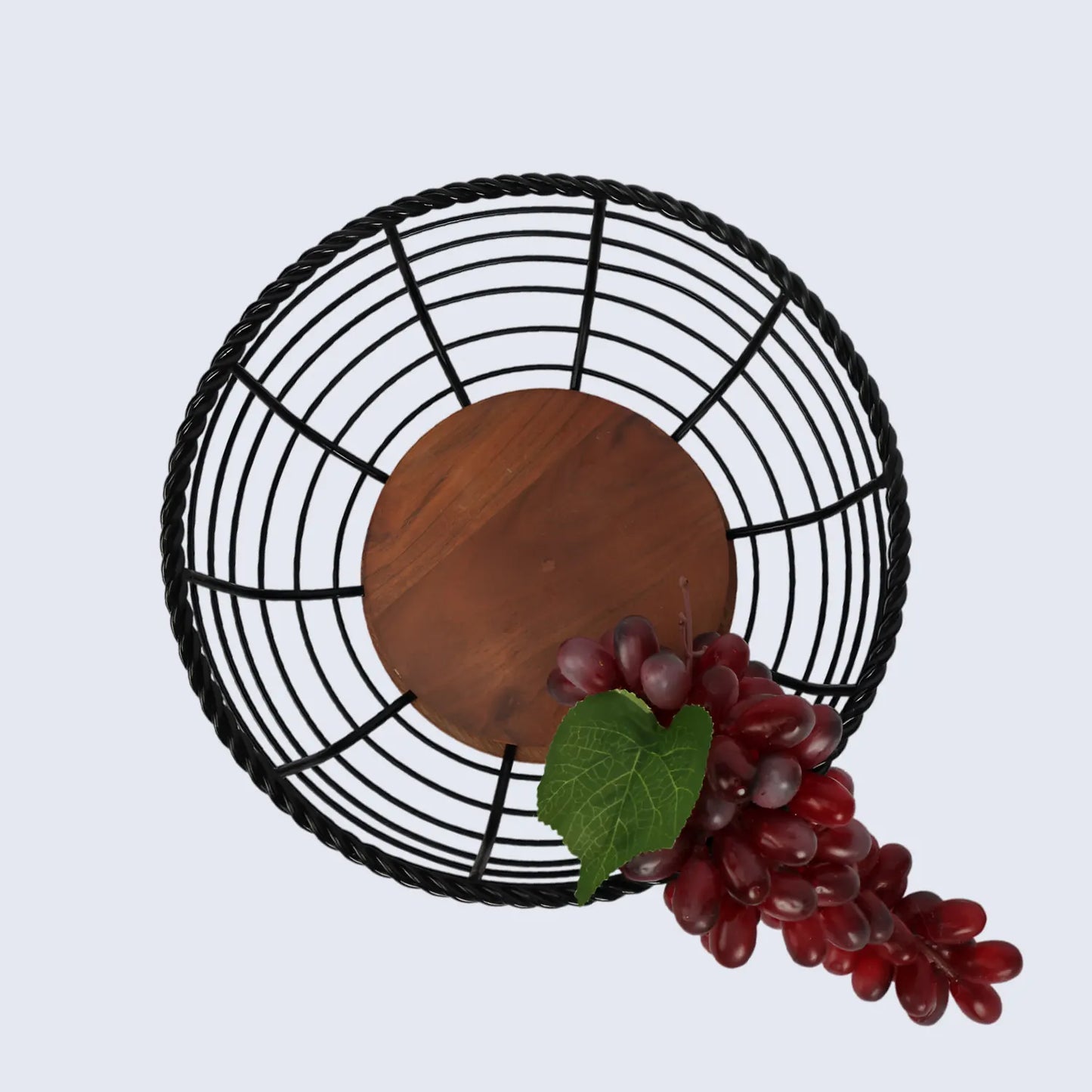 Round Black Metal & Wood Wire Design Fruit Bowl
