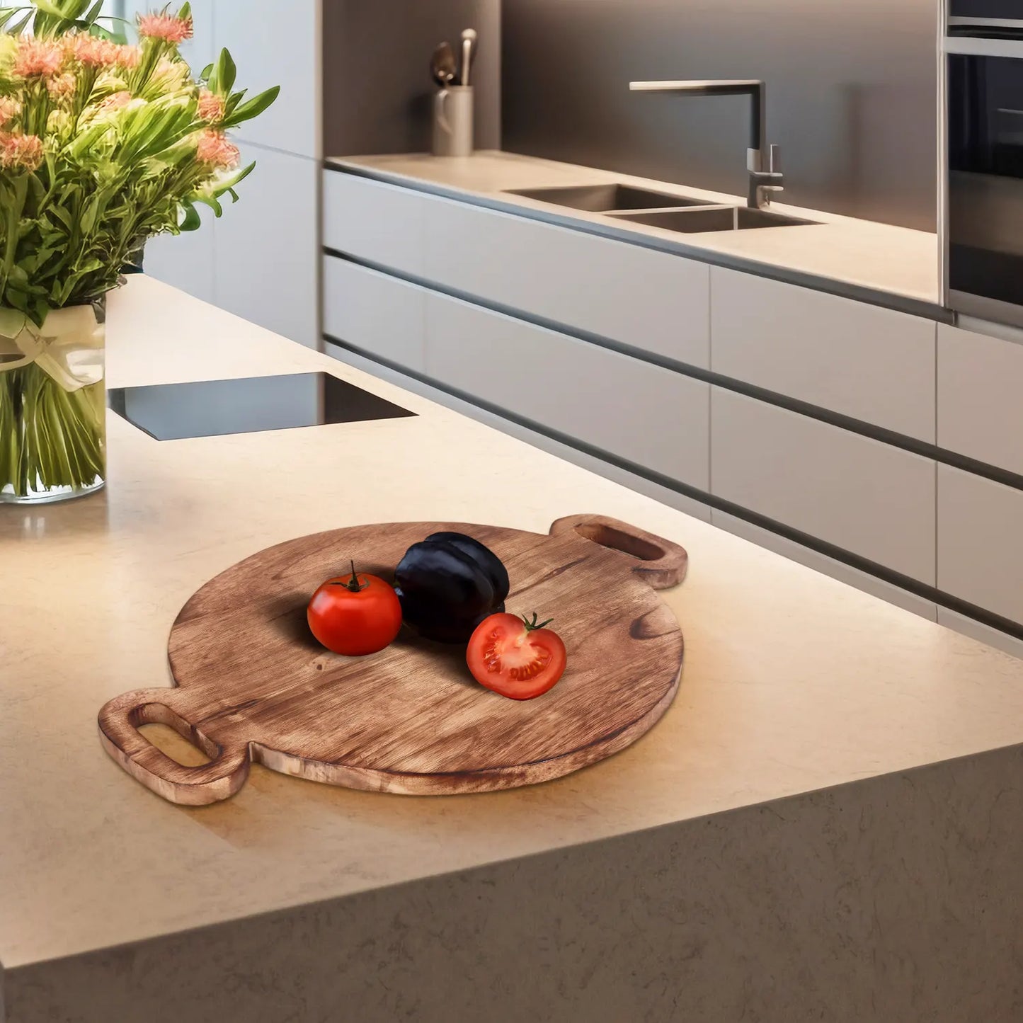 Chopping Board Round Paddle with Dual Handles – Mango Wood, in 16x12"