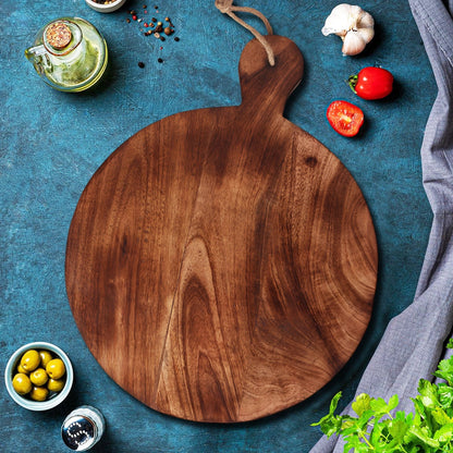 Chopping Board Round Paddle with Single Handle –Wood, in 14.75x11.75"