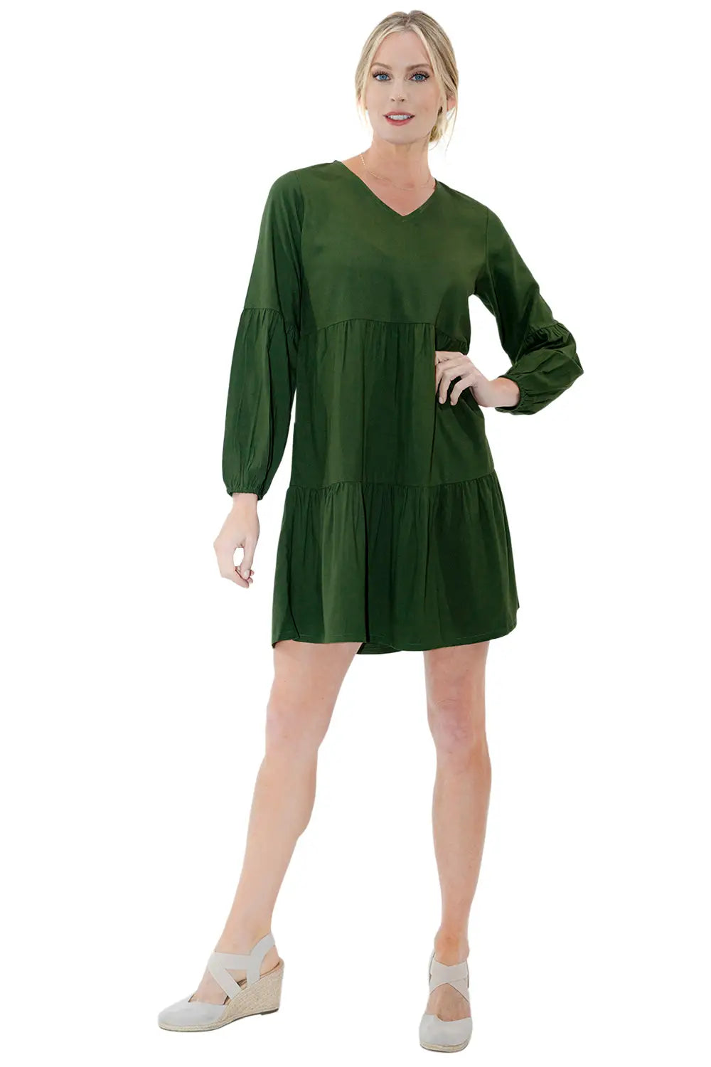 Lantern Sleeves V Neck Dress - Available in 13 Colors