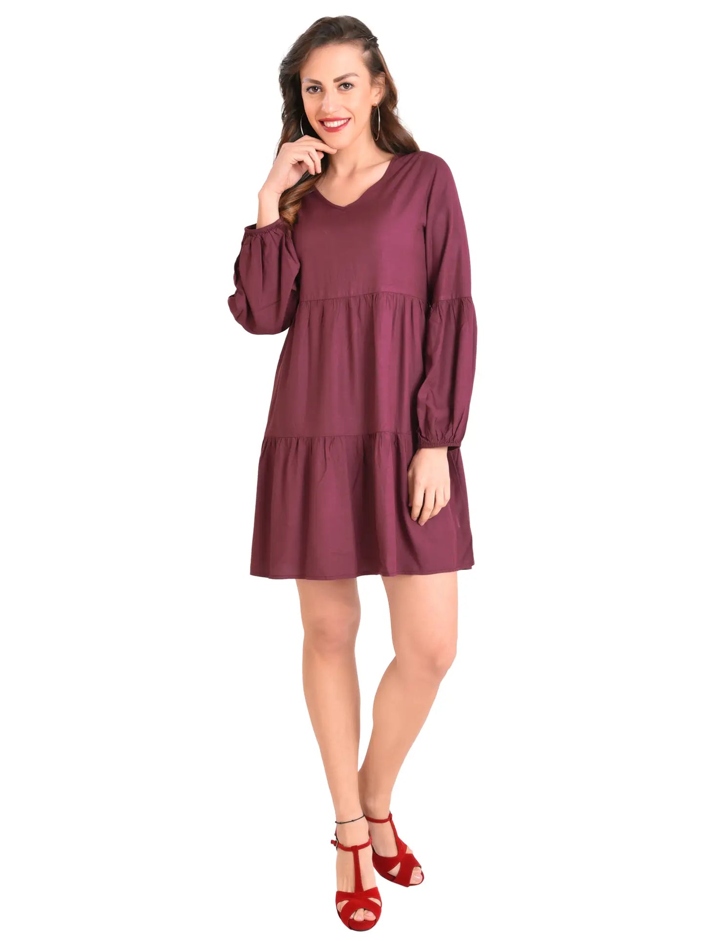 Lantern Sleeves V Neck Dress - Available in 13 Colors