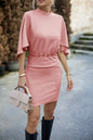 Chic Draped Mini Dress with Round Neck and Batwing Sleeves- Available in 6 Color Options