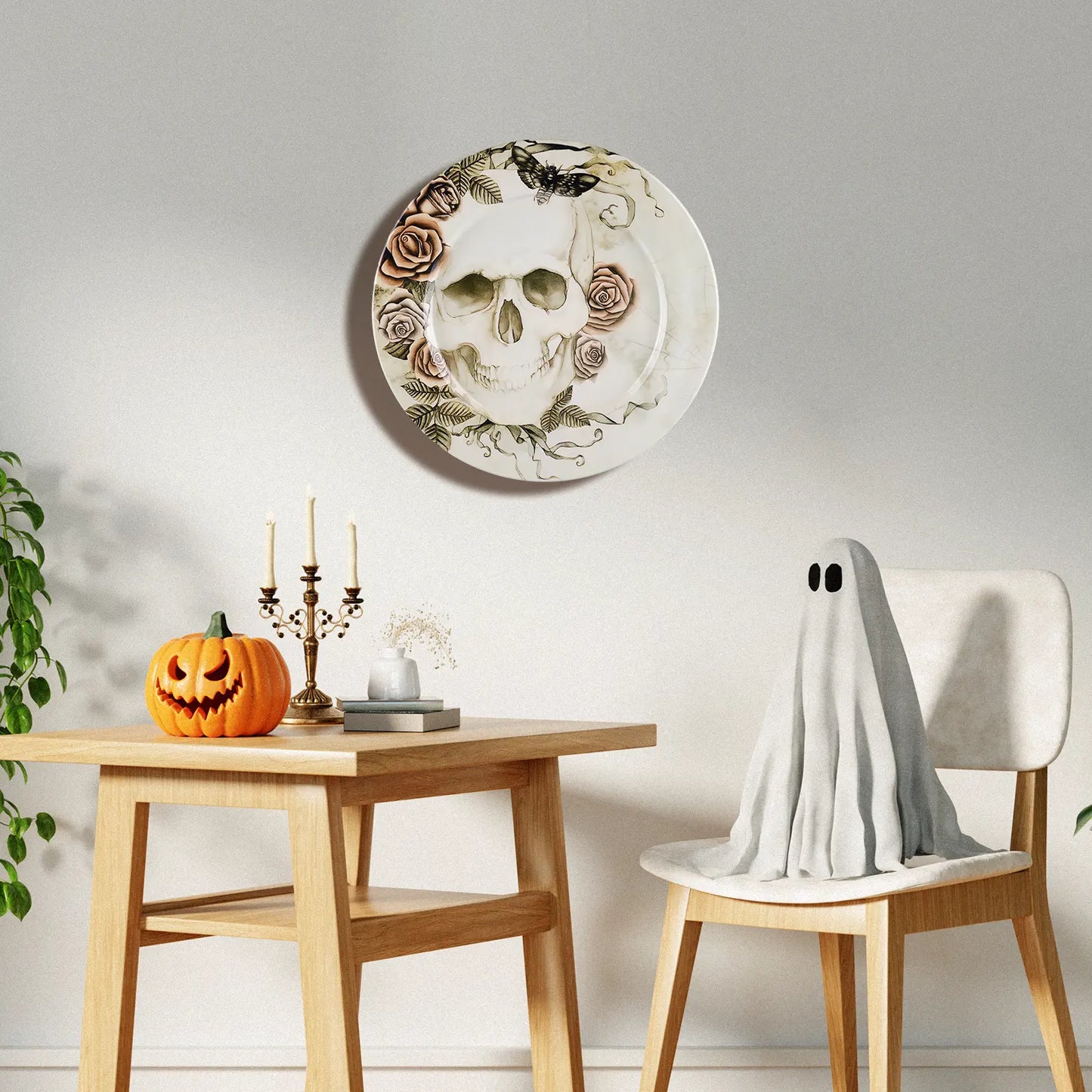 Halloween Skull & Rose Decorative Wall Art Plate in 12”