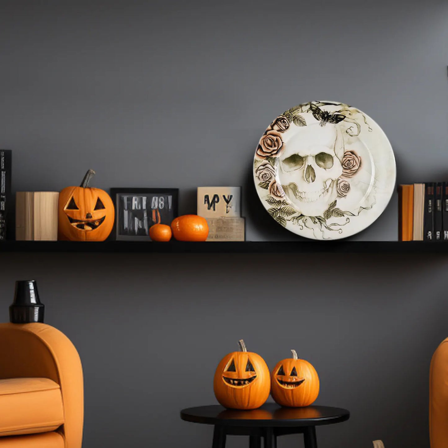 Halloween Skull & Rose Decorative Wall Art Plate in 12”