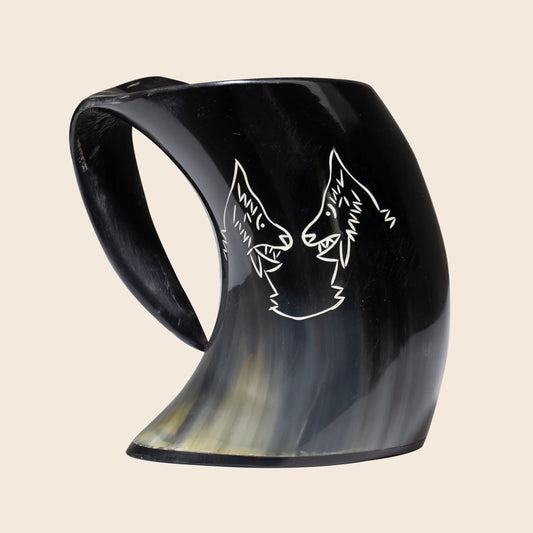 Handmade Twin Wolf Viking Horn Whiskey Mugs – 3 Inch Real Ox Horn Mugs for Whiskey & Cocktails – Unique Bar Drink Glasses, Small