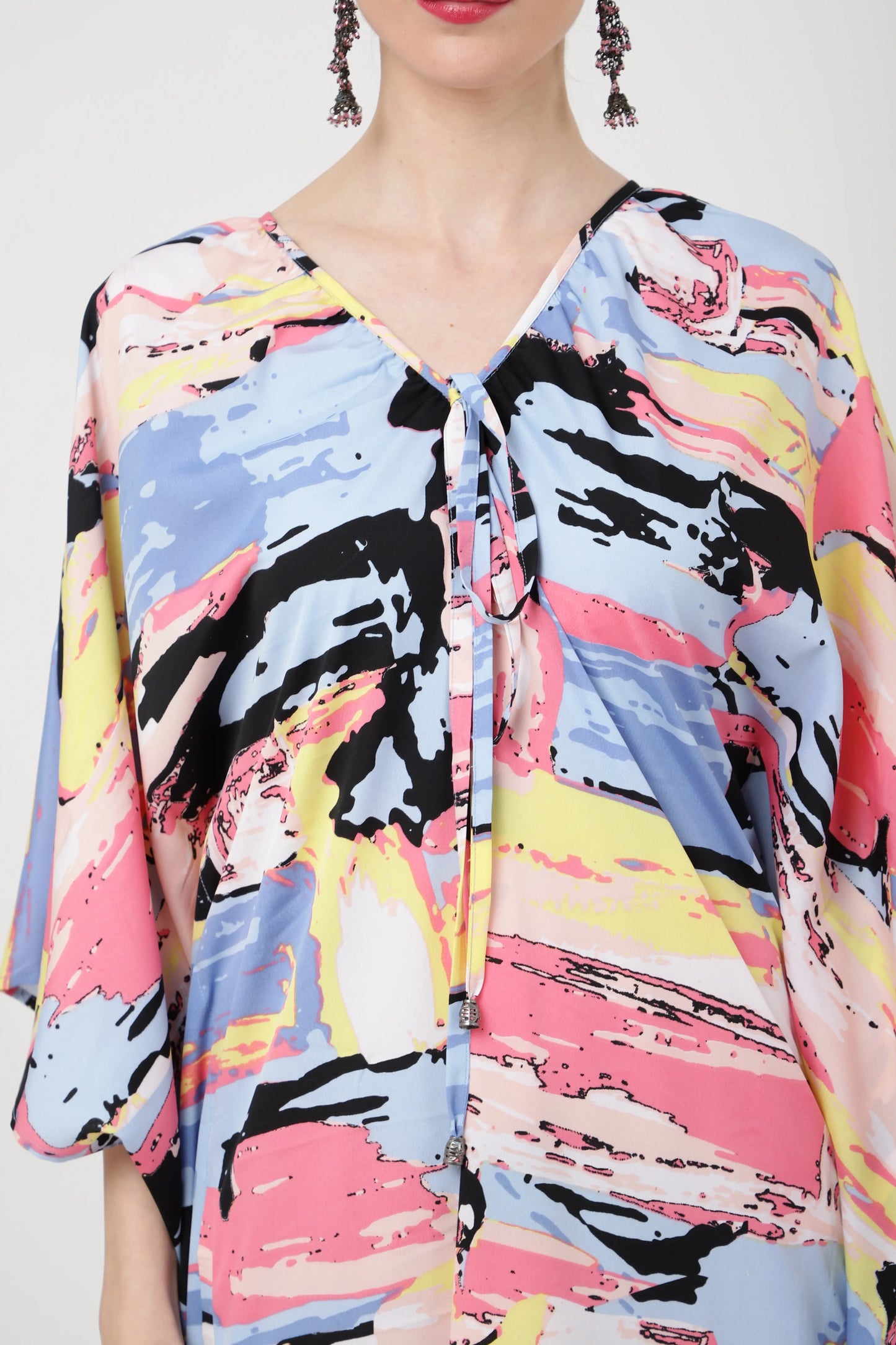 Collar Having Gathers In The Neckline With Tie Strings Kaftan Dress - Geometry Abstract