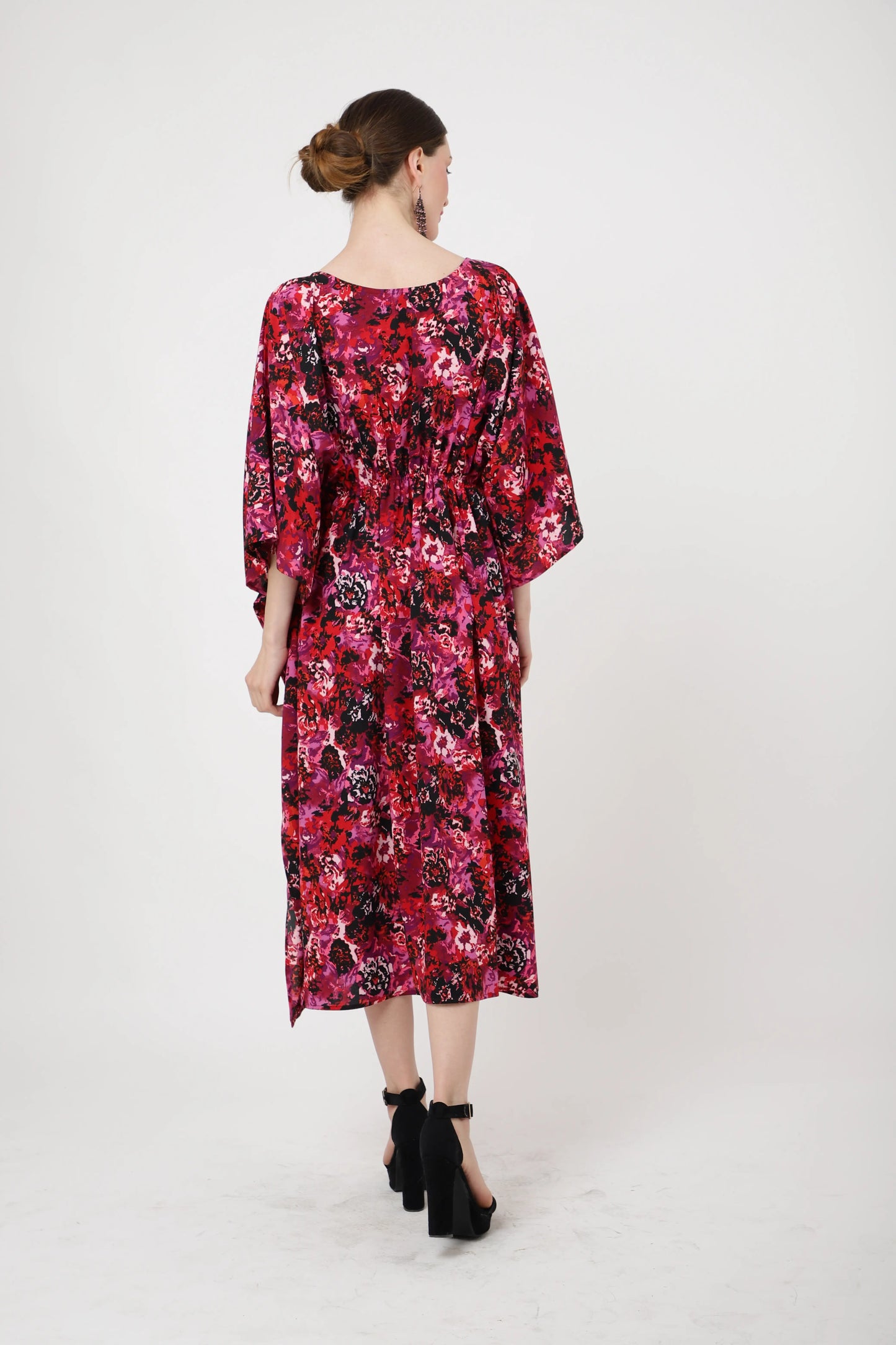 Elasticated Waist with Boat Neckline Kaftan Dresses for Women - Abstract Floral