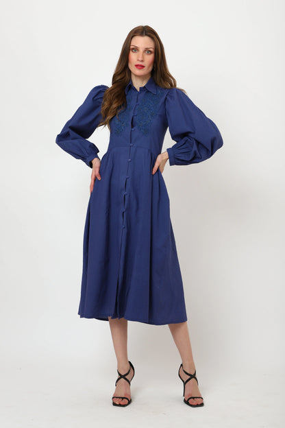 Centre Front Button Collared Neckline with Embroidery Detail Midi Dress - Navy Blue, Small to 3X-Large