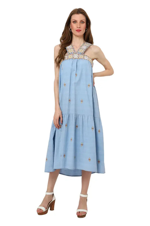 Women Cotton Maxi Dress with Embroidered Bands and Button - MOQ 10 Pcs.
