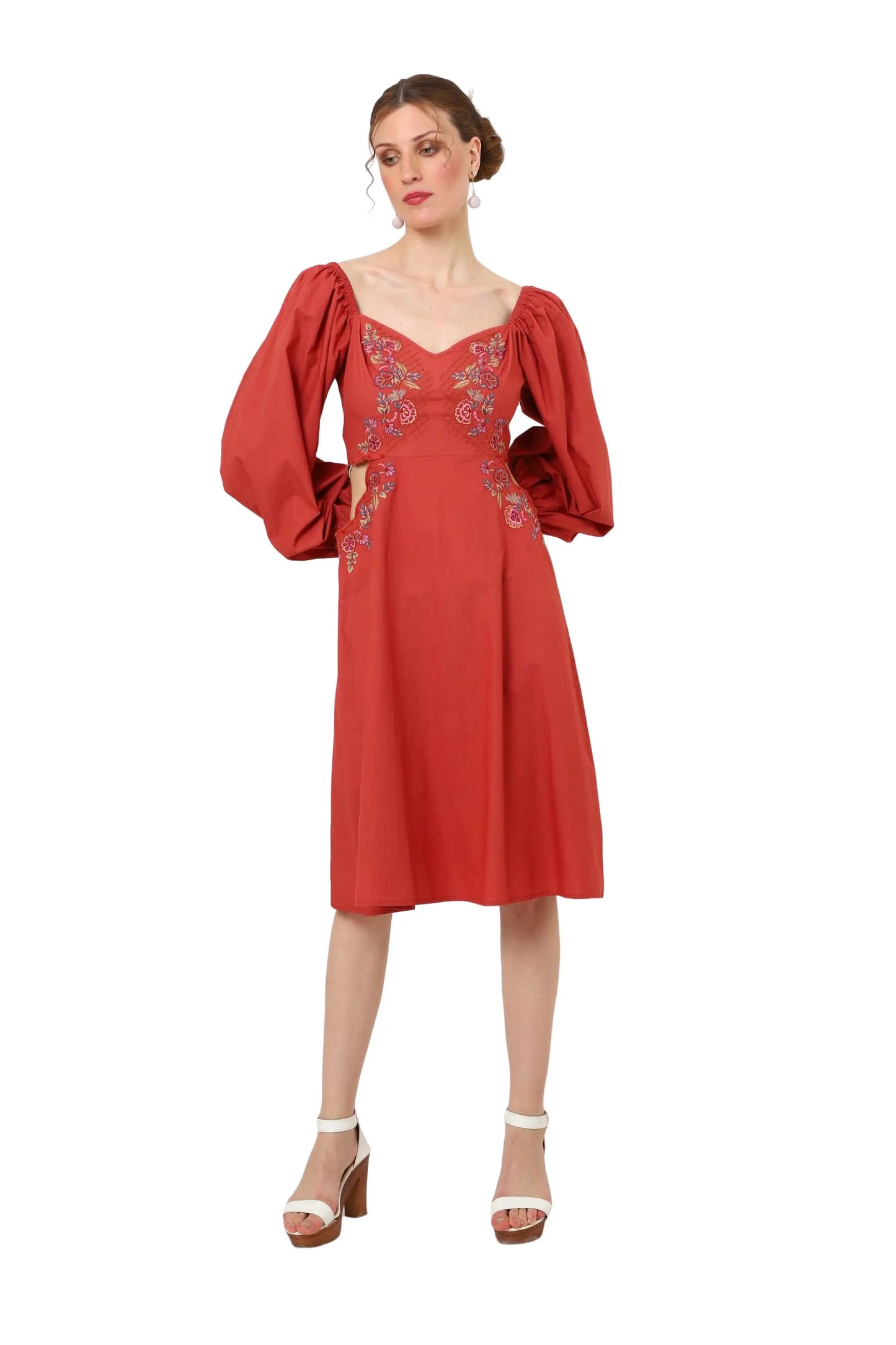 Sweetheart Neckline Midi Dress with Cut-Out Waist & Peasant Sleeves - Available in 2 Colors