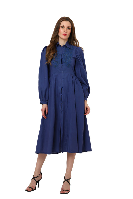 Centre Front Button Collared Neckline with Embroidery Detail Midi Dress - Navy Blue, Small to 3X-Large