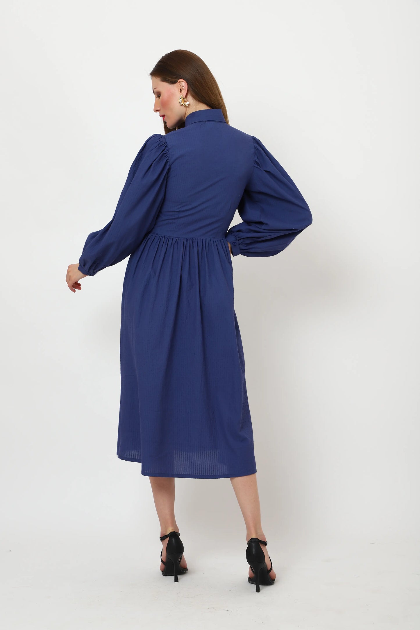 Centre Front Button Collared Neckline with Embroidery Detail Midi Dress - Navy Blue, Small to 3X-Large