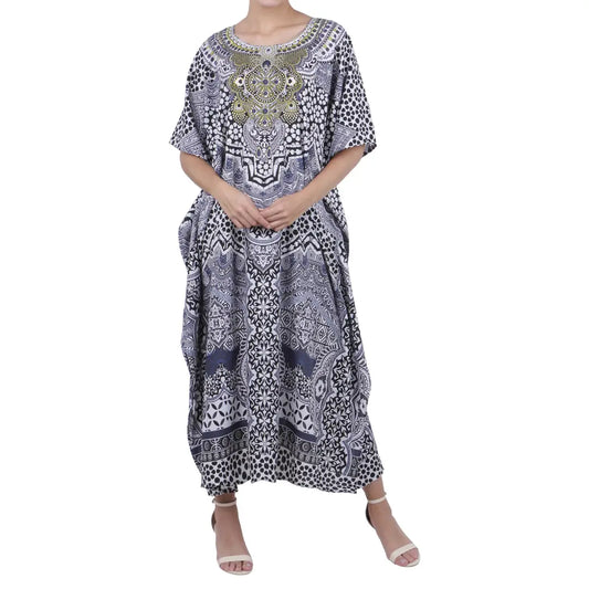 Women's Long Black Kaftan Tunic Kimono Embellished Maxi Dress - Available in 4 Colors