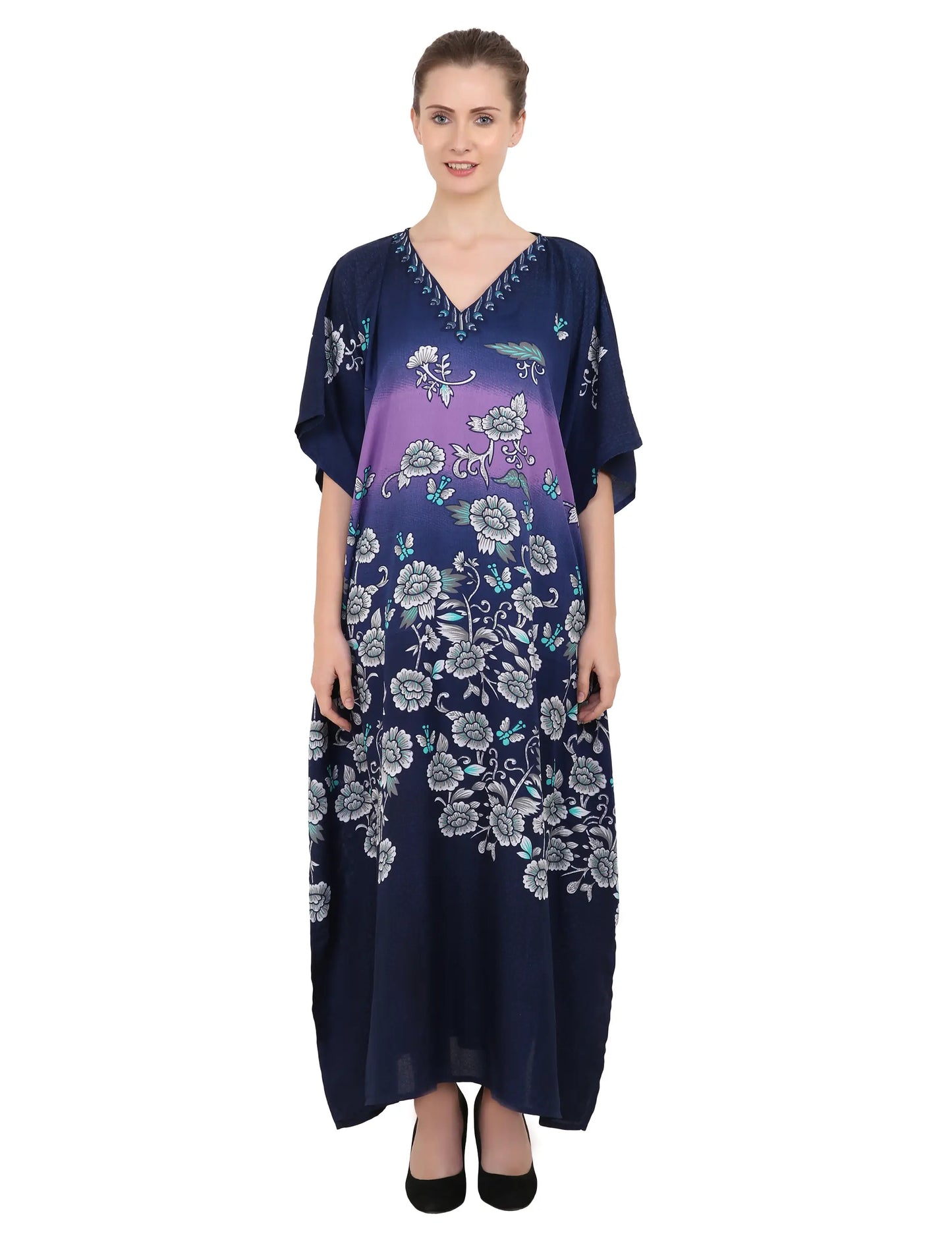 Women's Black Kaftan Tunic Kimono Long Kaftan Floral Maxi Dress - Available in 4 Colors