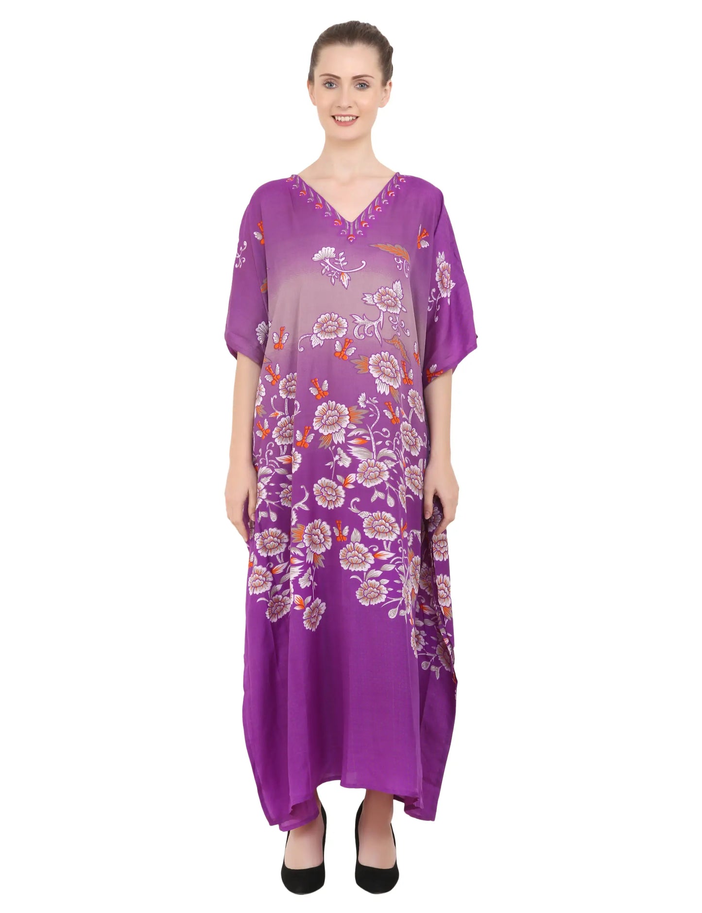 Women's Black Kaftan Tunic Kimono Long Kaftan Floral Maxi Dress - Available in 4 Colors