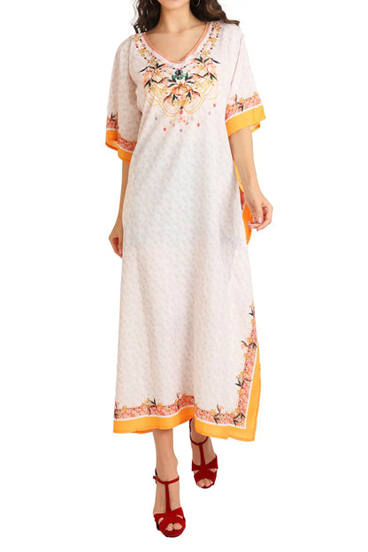 Loungewear & Swimwear Modern Kaftans Long Dresses Cream Gold