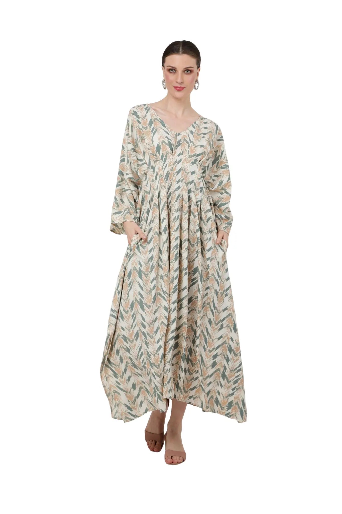 V-Shaped Neckline with Pleating Detail at The Waist Kaftan Dresses - Cantaloupe, S to 3XL