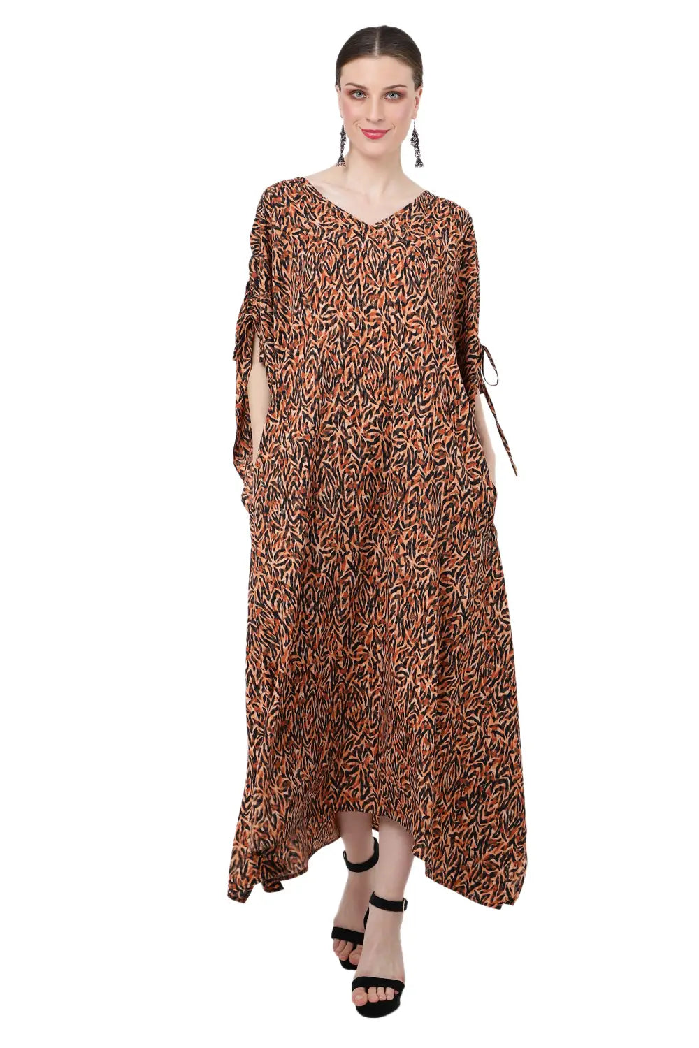 Draw-Cord at The Shoulder with V-Shaped Neckline Kaftan Dresses for Women Dusky Orange,  S to 3XL