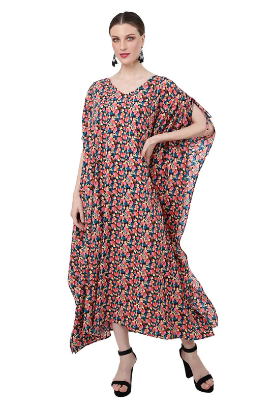 Draw-Cord at The Shoulder with V-Shaped Neckline Kaftan Dress Floral, S to 3XL