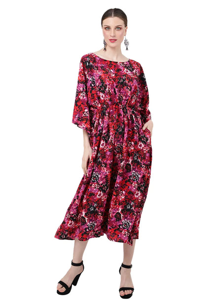 Elasticated Waist with Boat Neckline Kaftan Dresses for Women - Abstract Floral