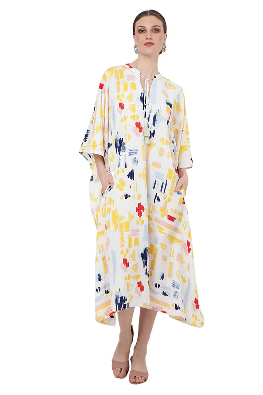 Collar and Tie-up with Tassels Kaftan Dresses for Women - Abstract White