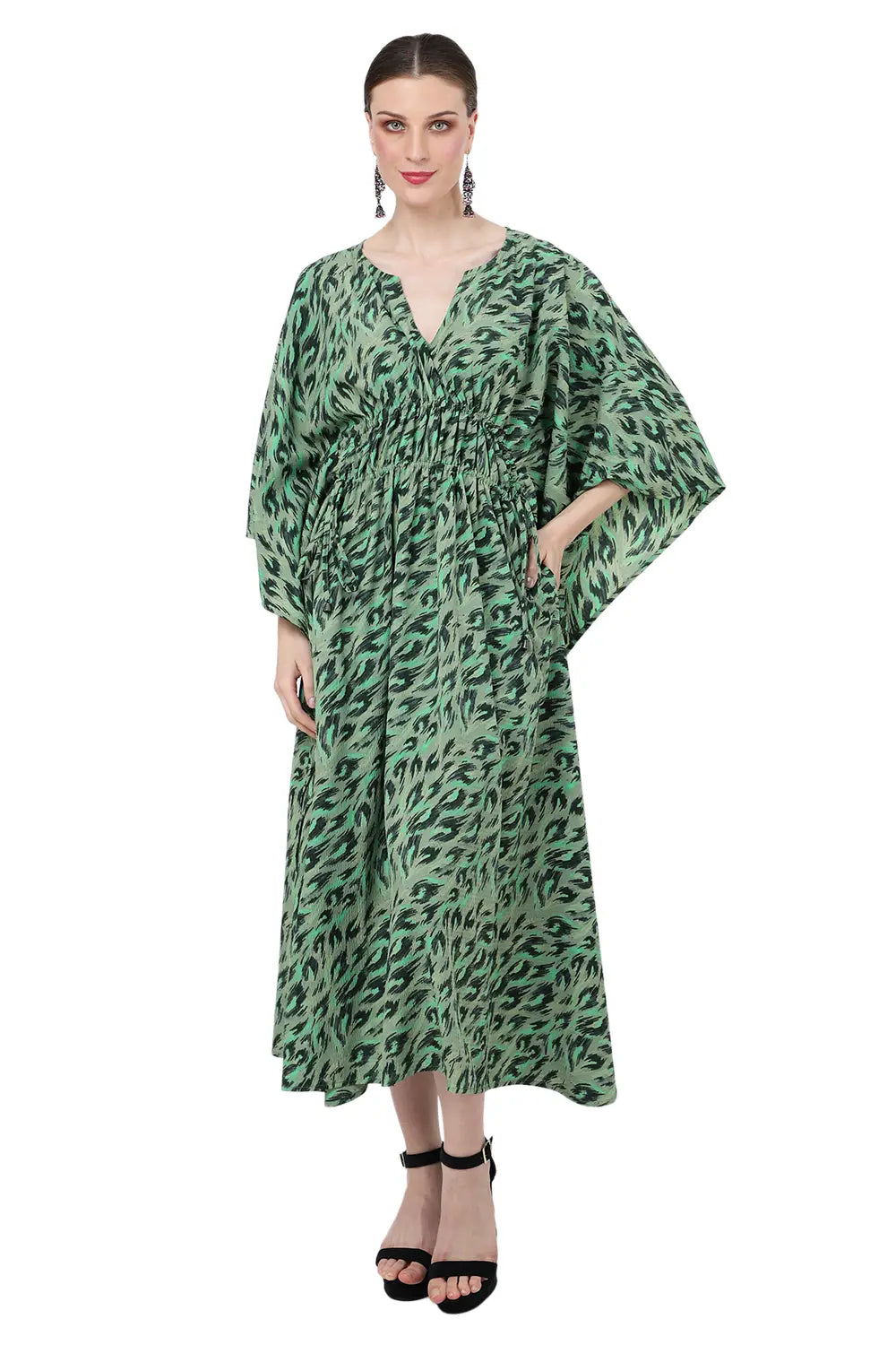 Drawcord At The Waist and Slit Neckline Kaftan Dresses for Women - Green Leopard