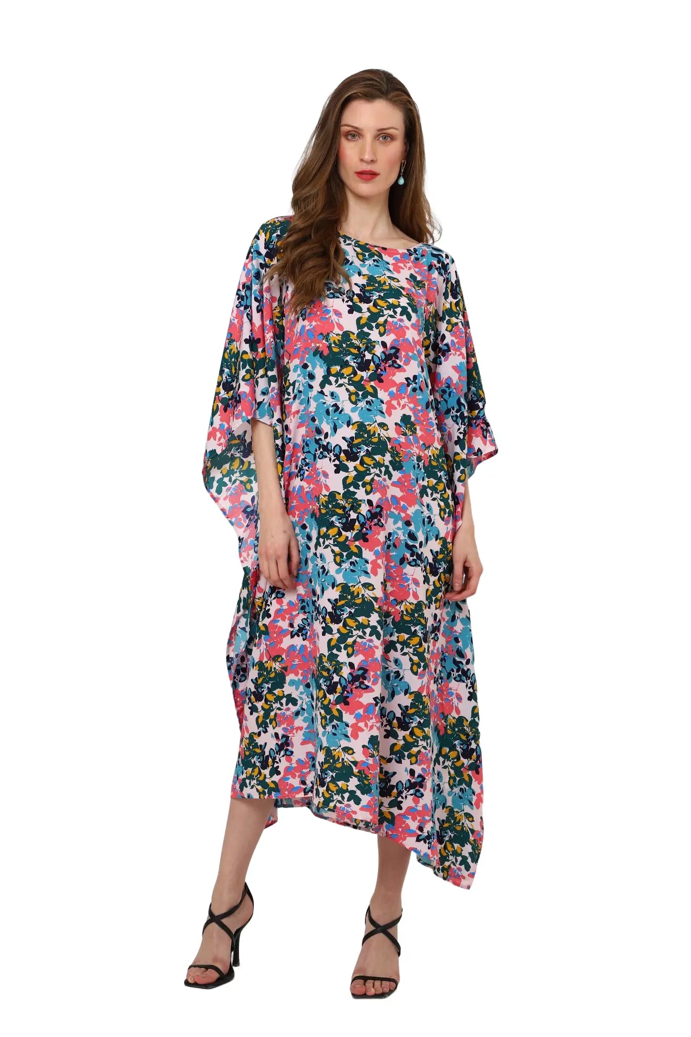 Boat Neckline and V Shaped Neck at The Back with Tie-up Detail Kaftan Dress - Floral Red