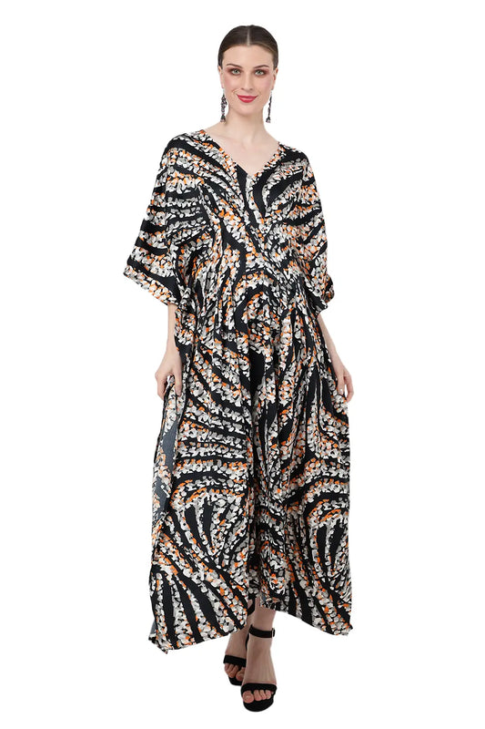 V-Shaped Neckline And Pleating Detail At The Waist Kaftan Dresses - Zebra Print