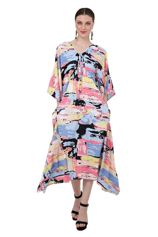 Collar Having Gathers In The Neckline With Tie Strings Kaftan Dress - Geometry Abstract