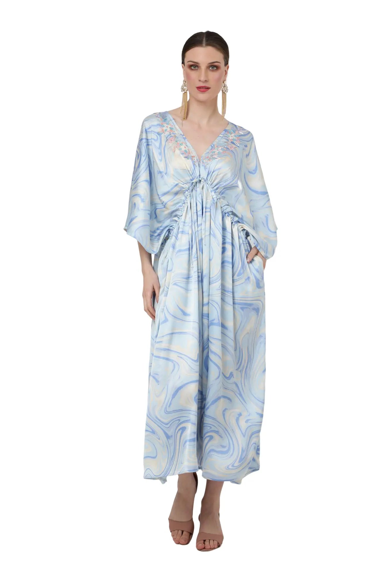 V-shaped Neckline and Embroidery in The Front with Draw Cord At The Waist Kaftan Dresses - Soft Blue