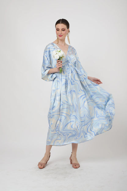 V-shaped Neckline and Embroidery in The Front with Draw Cord At The Waist Kaftan Dresses - Soft Blue