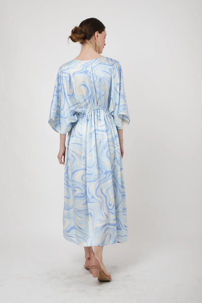 V-shaped Neckline and Embroidery in The Front with Draw Cord At The Waist Kaftan Dresses - Soft Blue