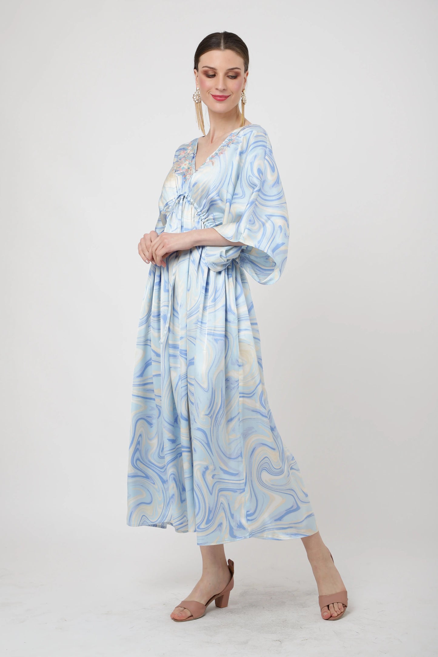 V-shaped Neckline and Embroidery in The Front with Draw Cord At The Waist Kaftan Dresses - Soft Blue