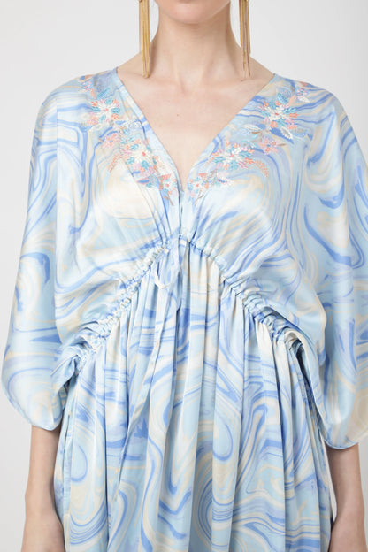 V-shaped Neckline and Embroidery in The Front with Draw Cord At The Waist Kaftan Dresses - Soft Blue