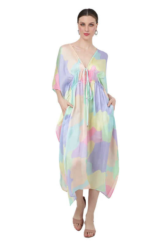 Tie Detail With Elasticated Gathers At The Waist Kaftan Dresses for Women - Abstract Print